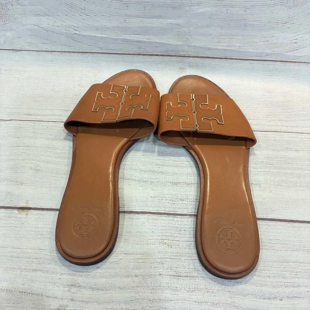 Tory Burch Double T Sport Sandals Womens 9.5 Tan Brown Leather Logo Flats 5695